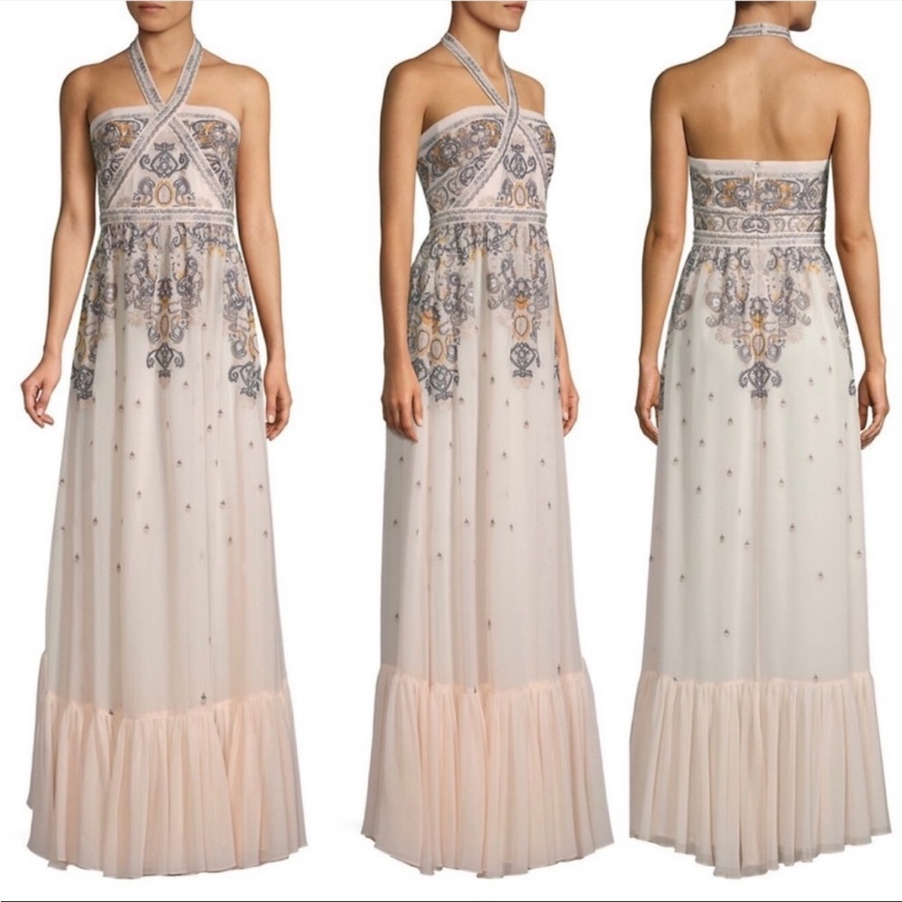 BCBGMaxAzria Embroidered Halter Gown Size 2 Pale Pink / Blush